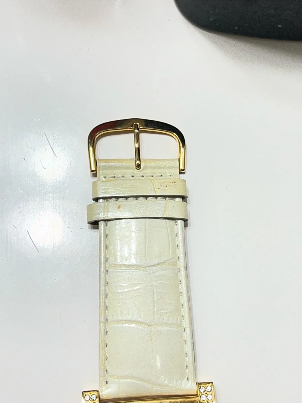 Joan Rivers Gold-Tone Square Watch with White Leather Strap and Crystal Trim